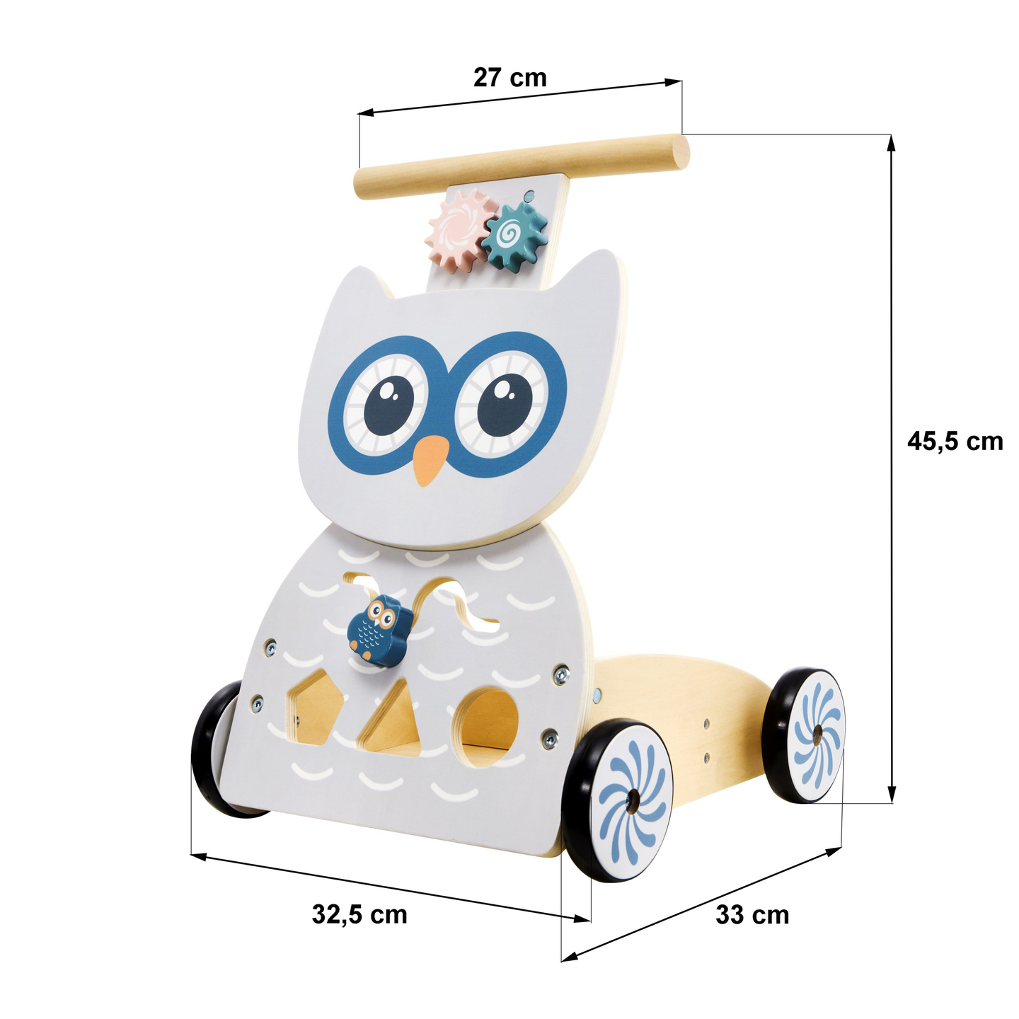 Puinen monikäyttöinen kävelytuoli - työntöaisa - lastenrattaat palikoilla - Pöllö