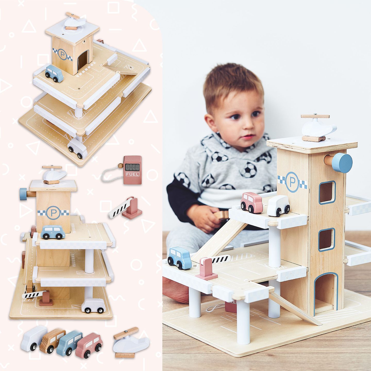 Puinen kolmikerroksinen parkkihalli, jossa on hissi - autotalli, jossa on autoja ja helikopteri