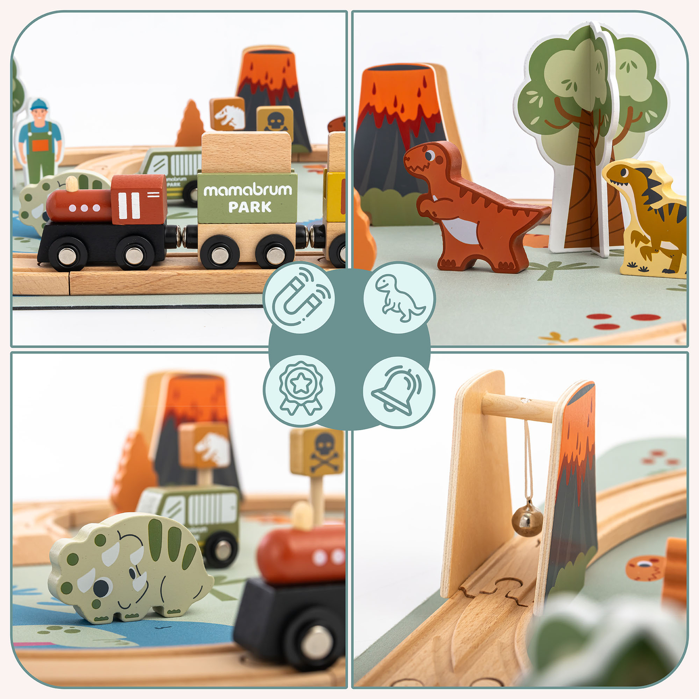 Dino Park puinen juna liukumattomalla matolla - dinosaurukset, juna, raiteet, tulivuori, kello