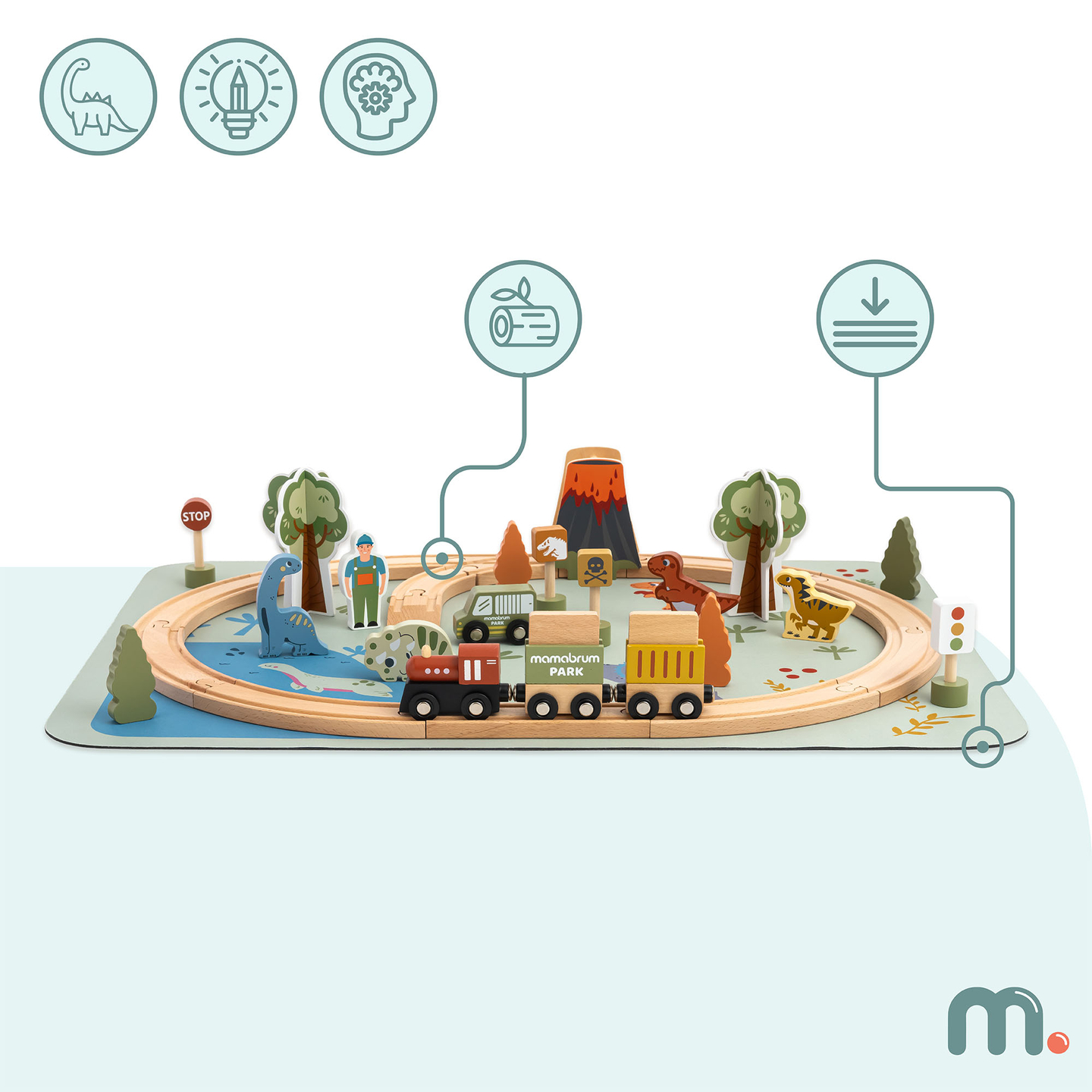 Dino Park puinen juna liukumattomalla matolla - dinosaurukset, juna, raiteet, tulivuori, kello