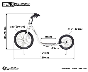 HyperMotion RIVA -kaupunkiskootteri, jossa on 50 cm:n ja 40 cm:n puhallettavat pyörät