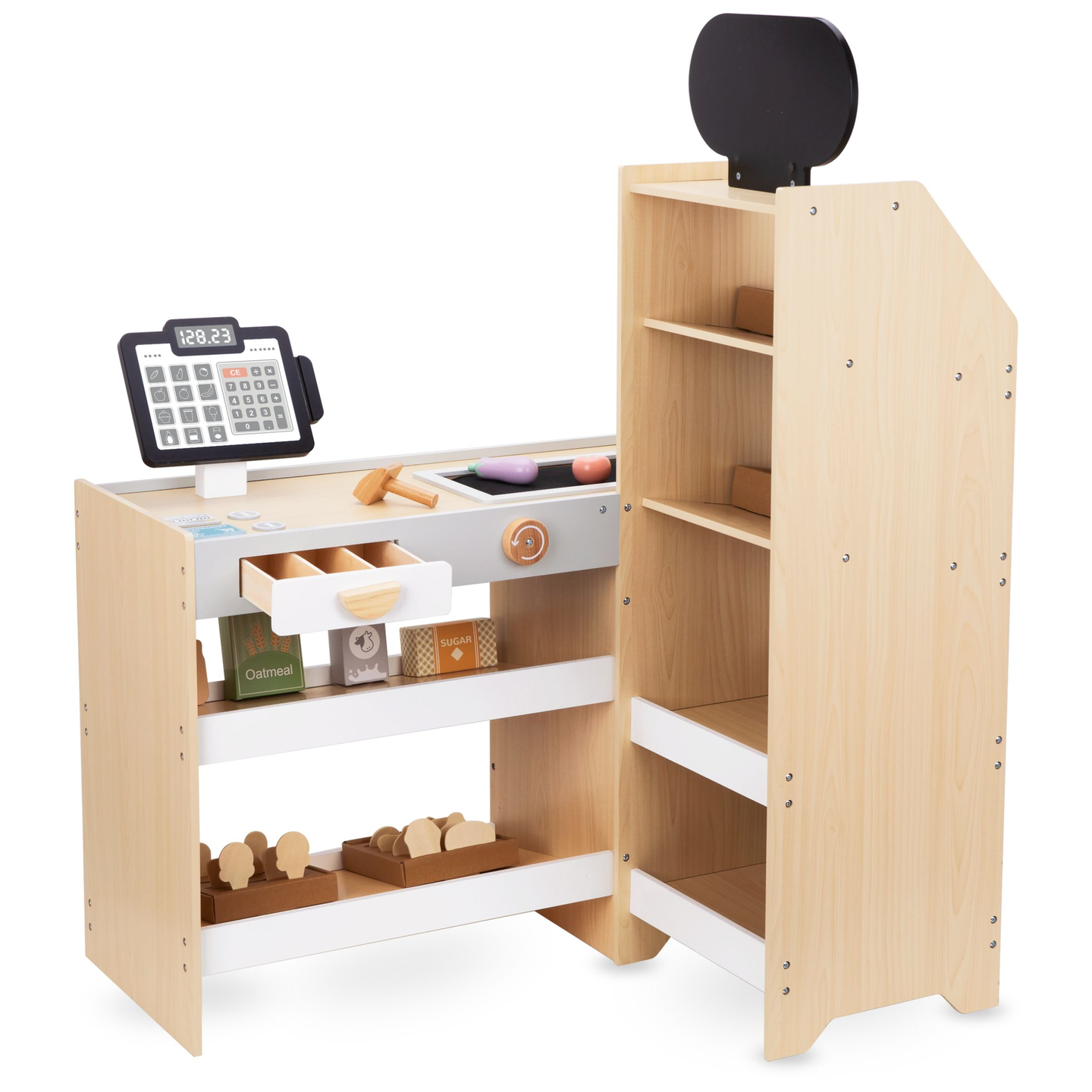 Puinen vihannesmarkkinat - suuri XXL-koju, myymälä, jossa on leikkikassakone