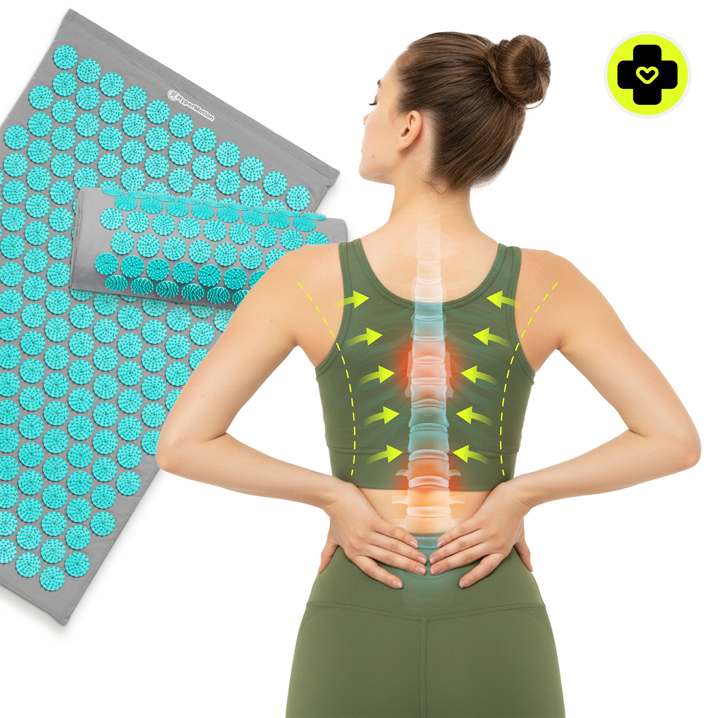 Akupunktiomatto tyynyllä ja päällisellä - 72 cm HyperMotion harmaa-minttu