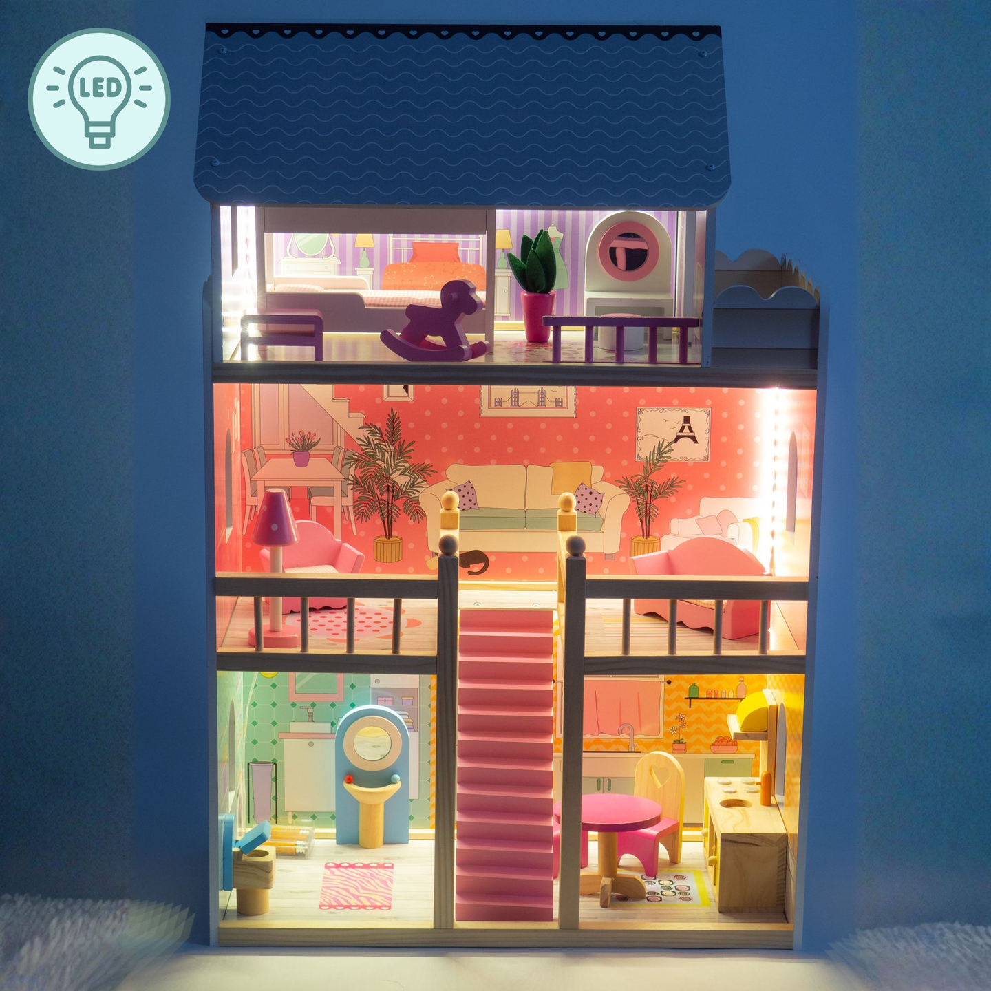 Suuri puinen 3-kerroksinen nukkekoti, jossa on terassi, kalustesarja ja LED-valaistus!