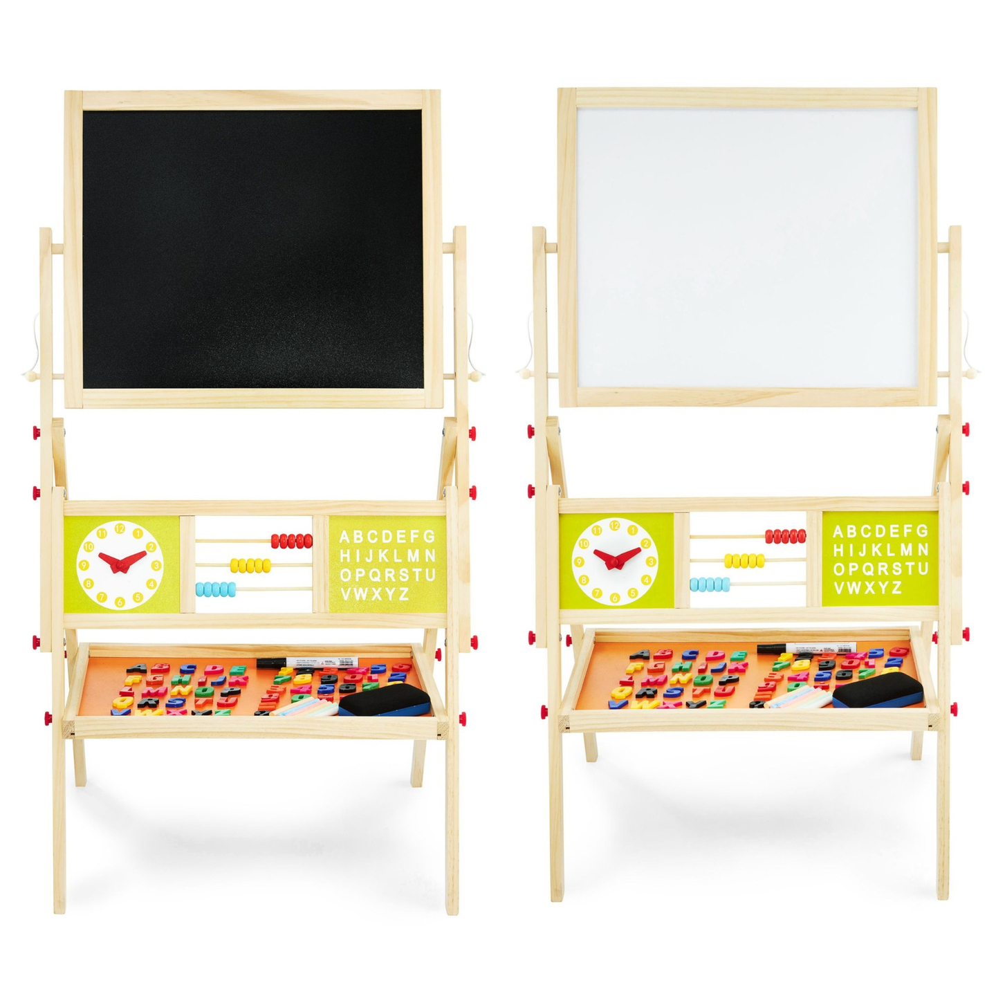 Suuri kaksipuolinen opettavainen taulu: magneettinen ja liitutaulu - kuivapyyhintätaulu, puinen