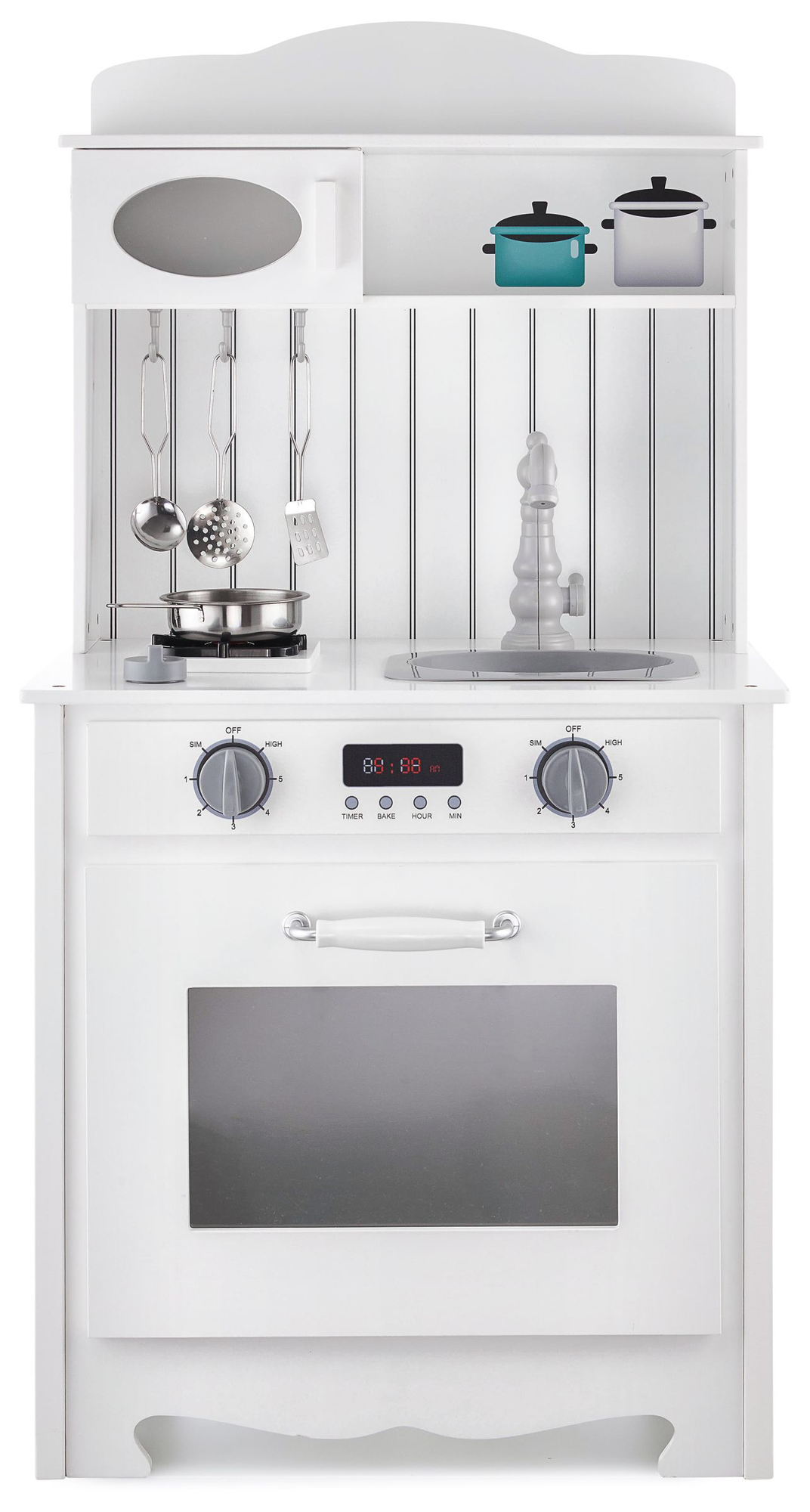 Valkoinen puinen keittiö esiliinalla, tarvikkeilla ja LED-valaisimella varustettuna