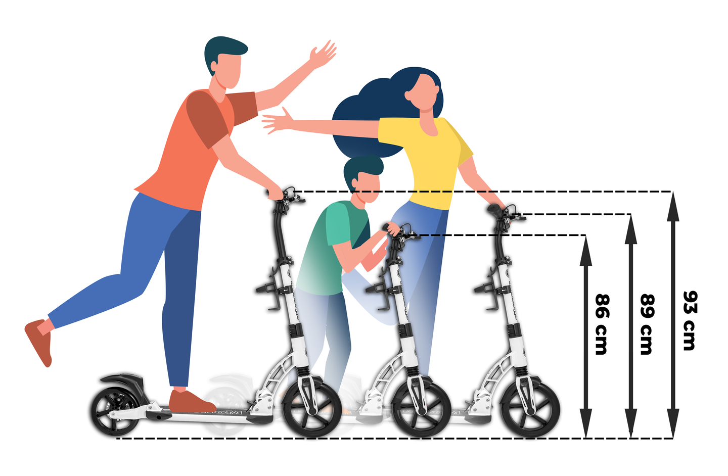 HyperMotion RIVA -kaupunkiskootteri, jossa on 50 cm:n ja 40 cm:n puhallettavat pyörät