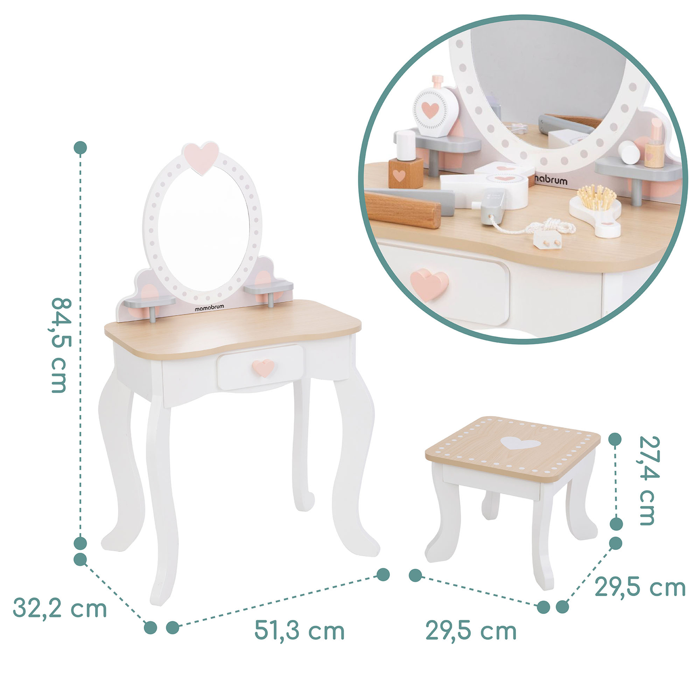 Puinen pukeutumispöytä jakkaralla ja lisävarusteilla