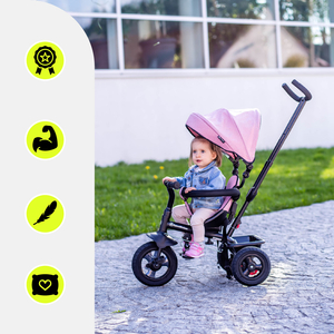 Kolmipyörä 1-4-vuotiaille lapsille - TOBI FREY - vaaleanpunainen väri - kääntyvä - pumpatut pyörät + työntöaisa