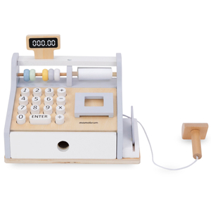 Puinen kassakone lisävarusteineen