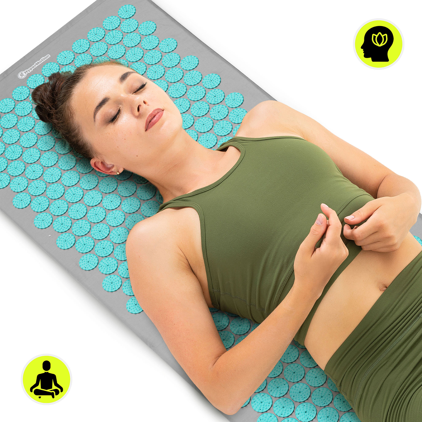 Suuri akupunktiomatto tyynyllä ja päällisellä - 130 cm HyperMotion harmaa-minttu
