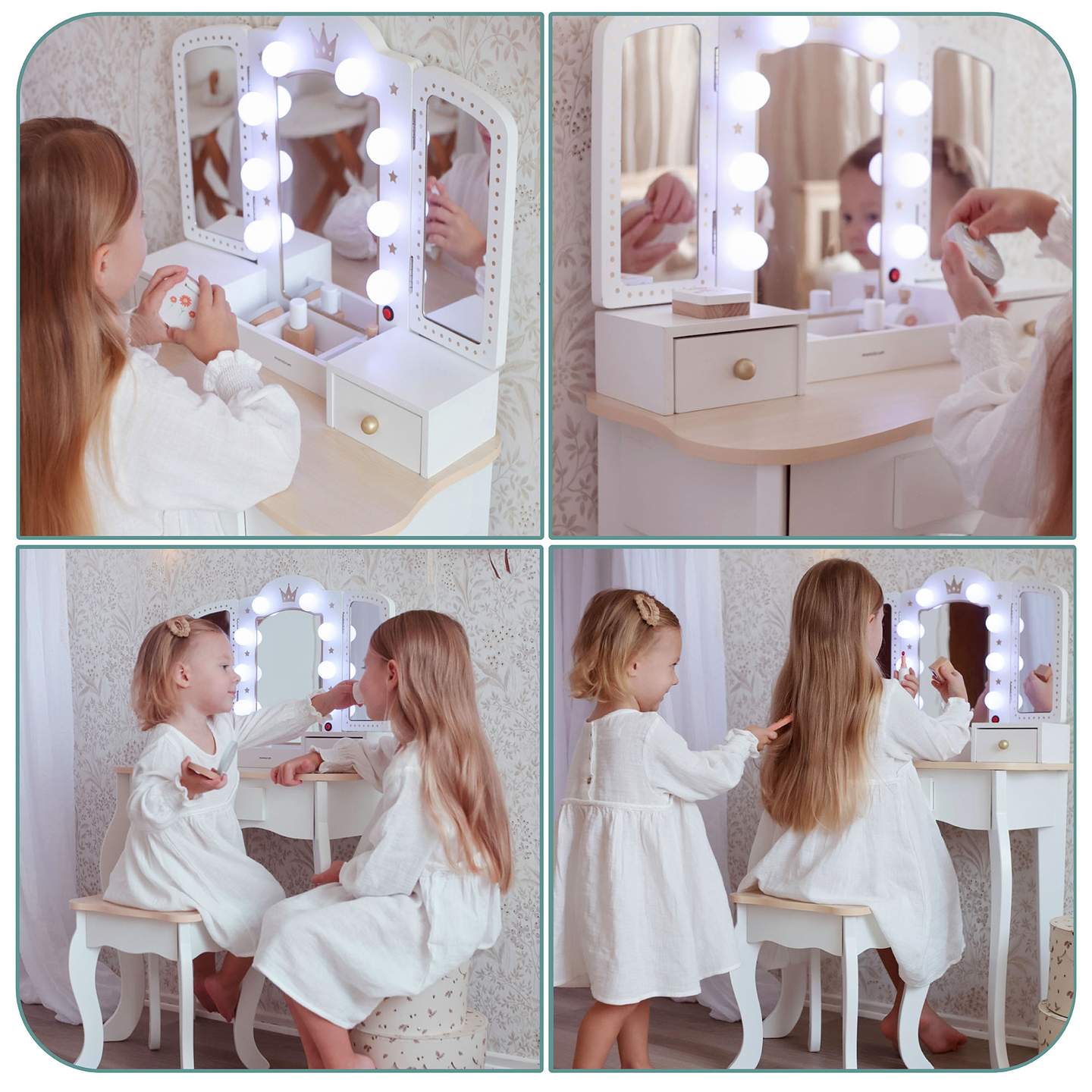 XXL puinen pukeutumispöytä jakkaralla ja LED-valaistuksella lapsille + tarvikkeet