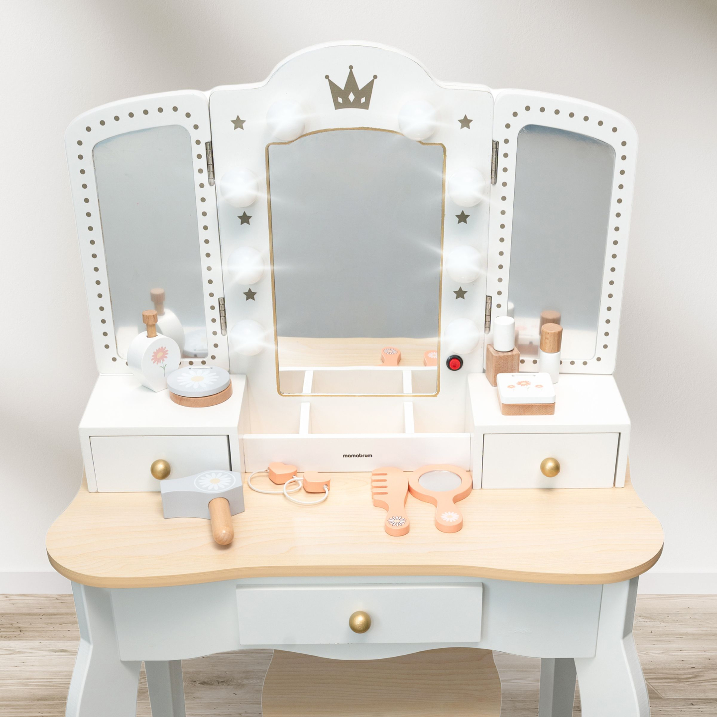 XXL puinen pukeutumispöytä jakkaralla ja LED-valaistuksella lapsille + tarvikkeet