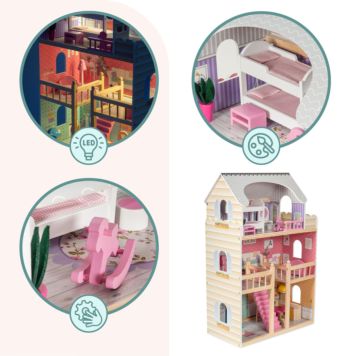 Suuri puinen 3-kerroksinen nukkekoti, jossa on terassi, kalustesarja ja LED-valaistus!