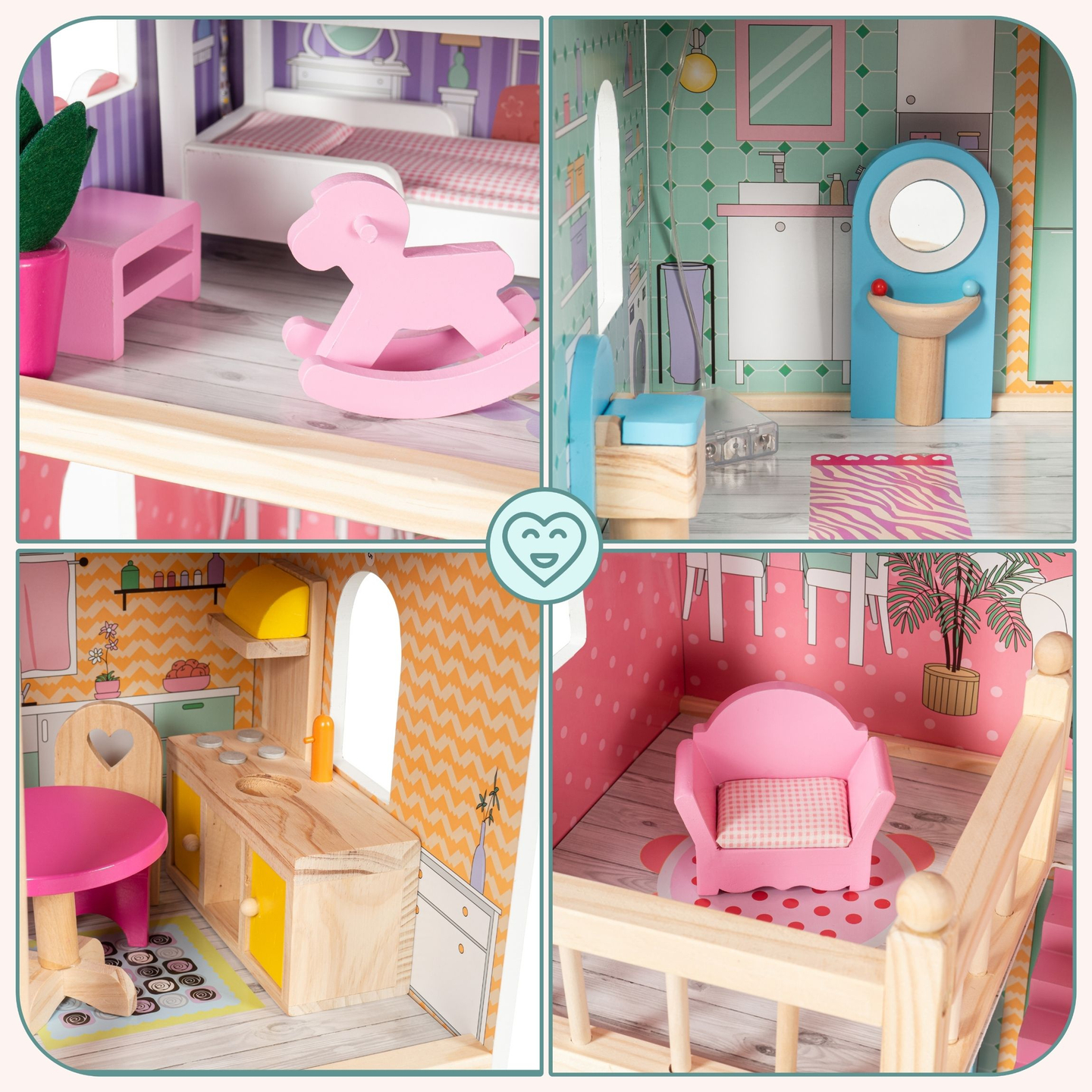 Suuri puinen 3-kerroksinen nukkekoti, jossa on terassi, kalustesarja ja LED-valaistus!