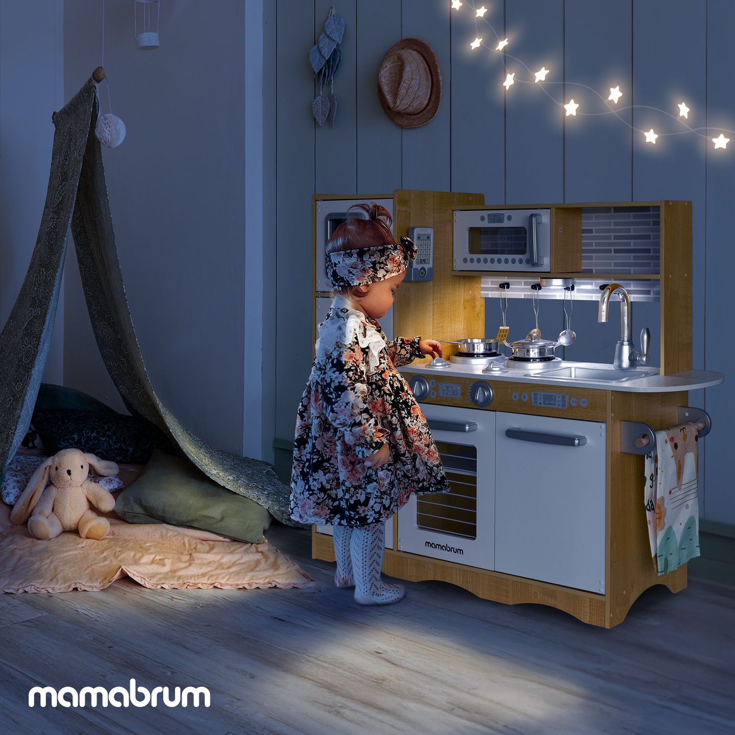 XXL puinen keittiö LED-valaistuksella, esiliina ja lisävarusteet