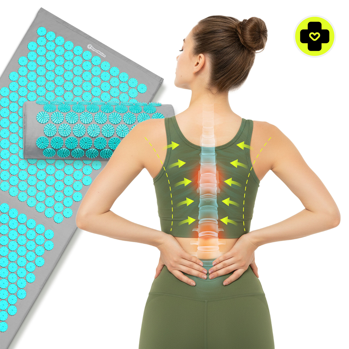 Suuri akupunktiomatto tyynyllä ja päällisellä - 130 cm HyperMotion harmaa-minttu