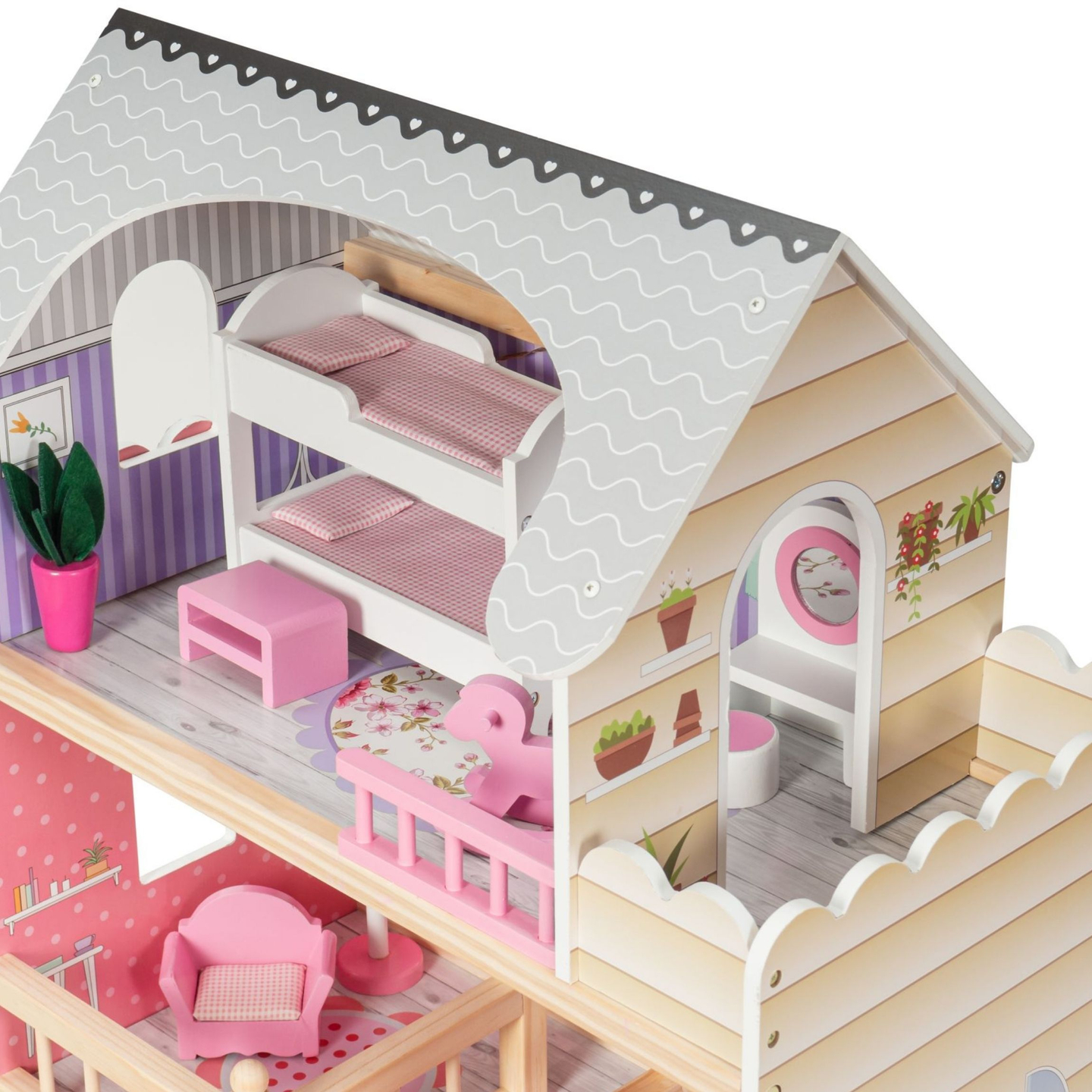 Suuri puinen 3-kerroksinen nukkekoti, jossa on terassi, kalustesarja ja LED-valaistus!