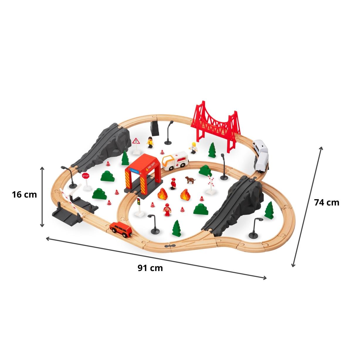 Puinen rautatie, akkujuna - Palokunta, raiteet, autot, sillat, puomi