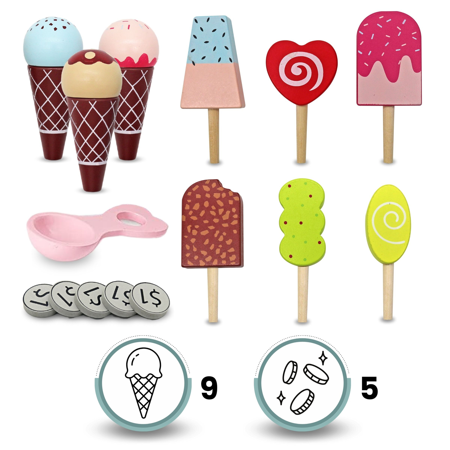 Puinen jäätelökioski lapsille - pyörillä varustettu kärry lisävarusteineen