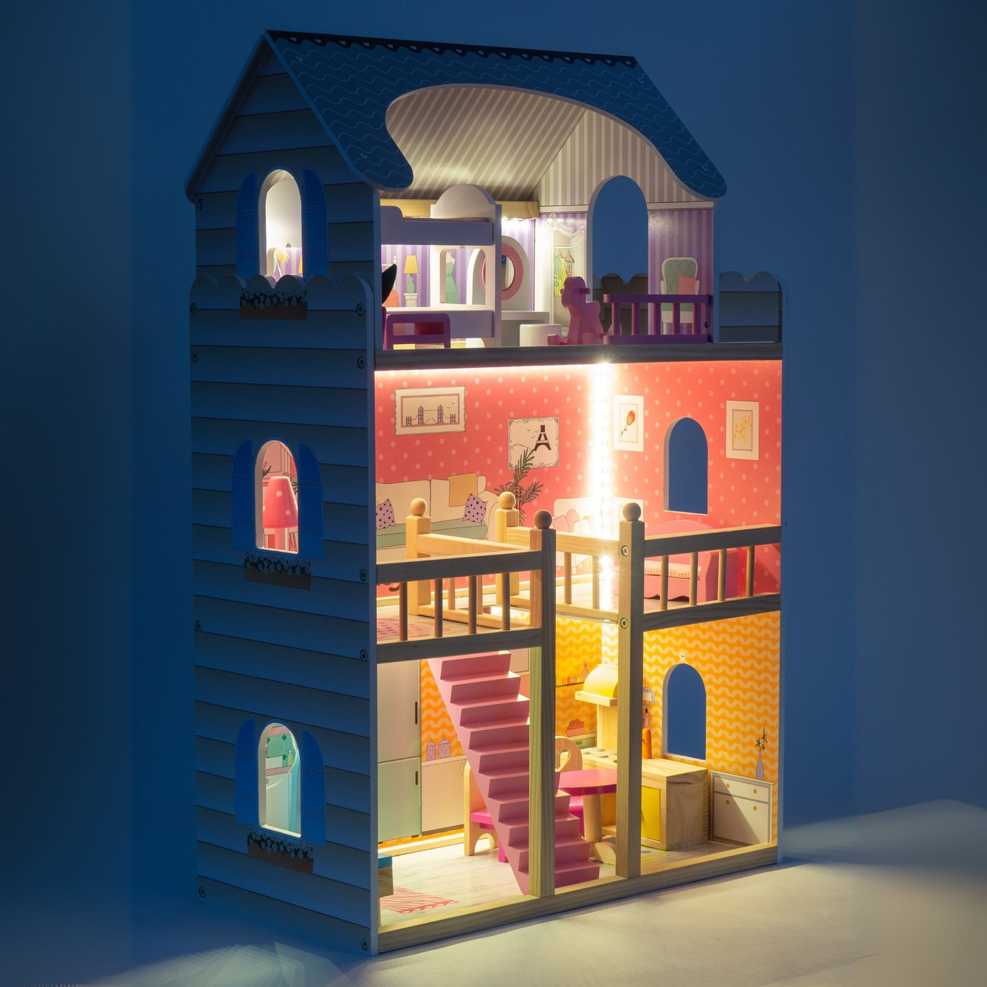 Suuri puinen 3-kerroksinen nukkekoti, jossa on terassi, kalustesarja ja LED-valaistus!