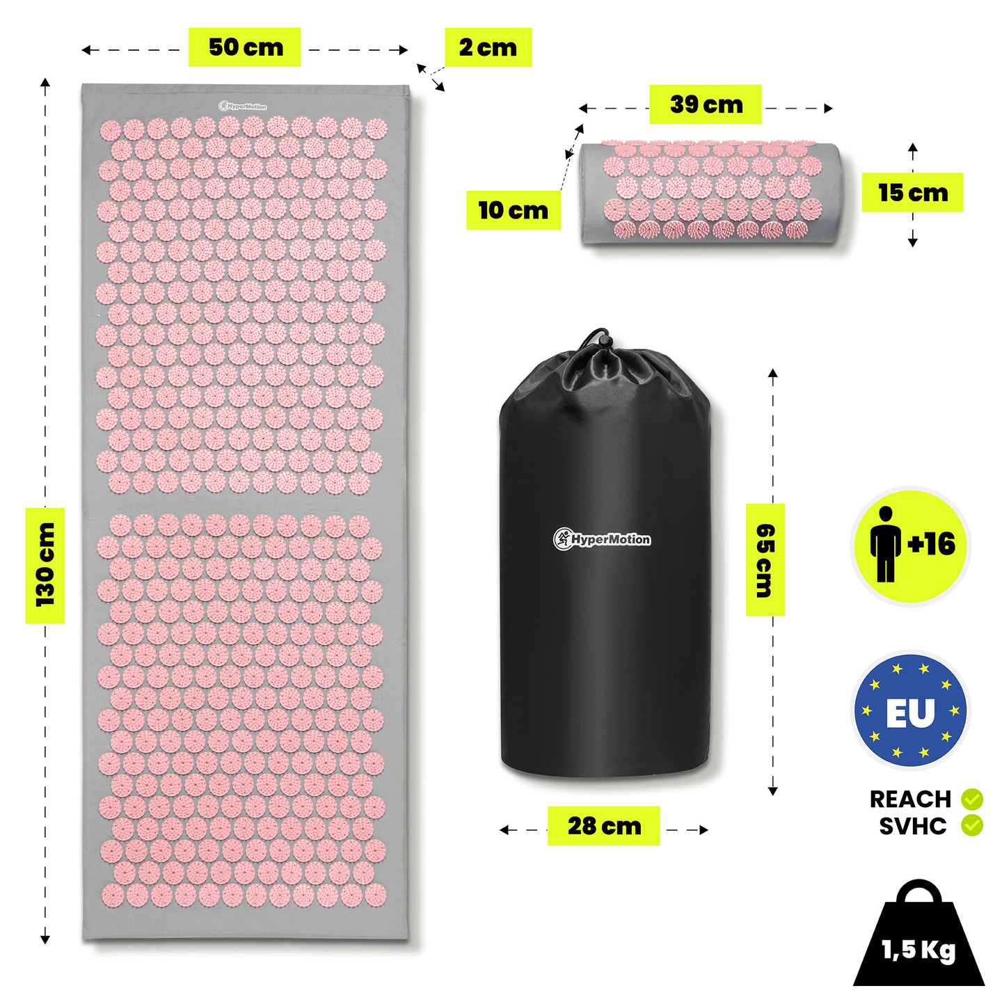 Suuri akupunktiomatto tyynyllä ja päällisellä - 130 cm HyperMotion harmaa ja pinkki