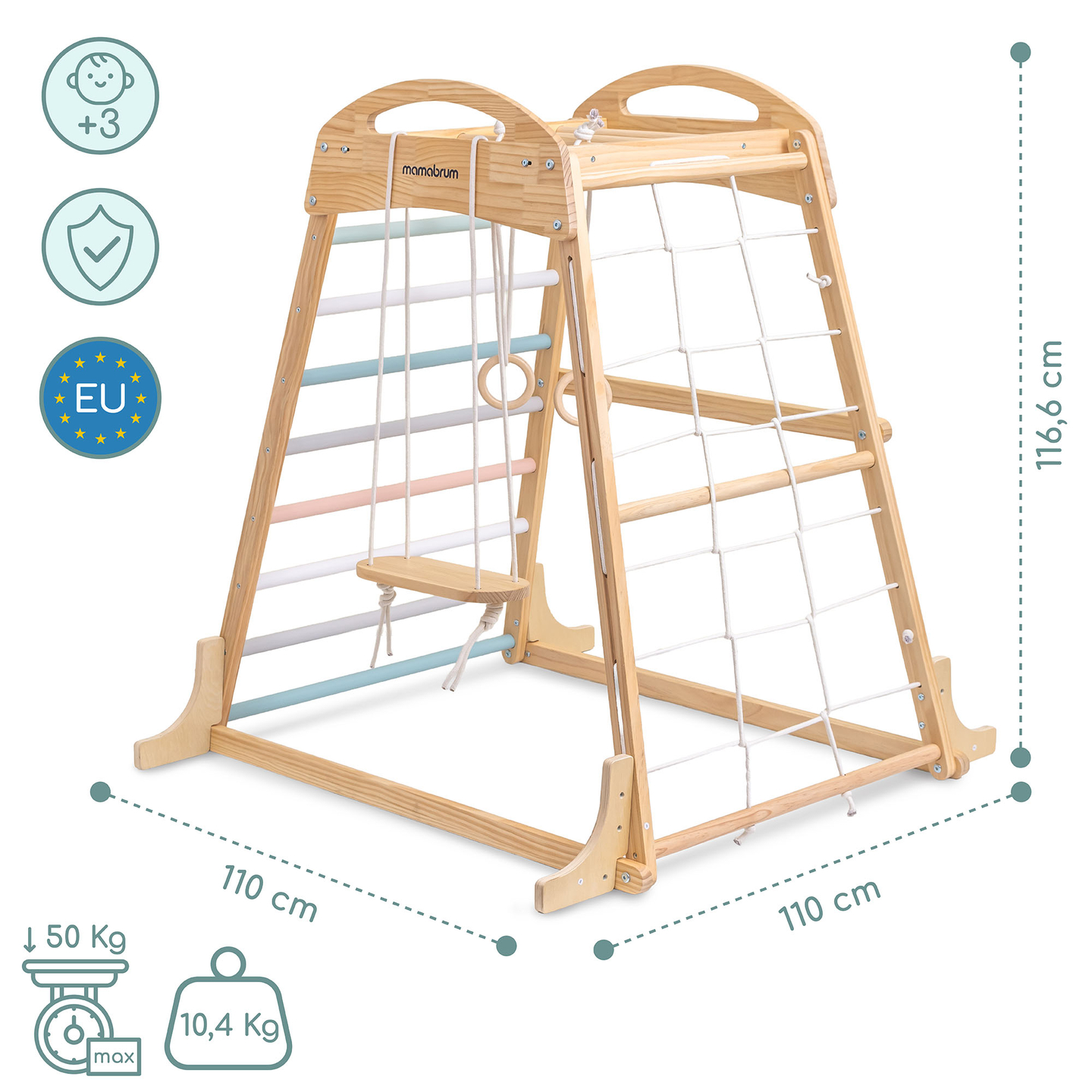 Puinen sisäleikkipuisto, jossa on keinu, voimistelurenkaat ja kiipeilyverkko