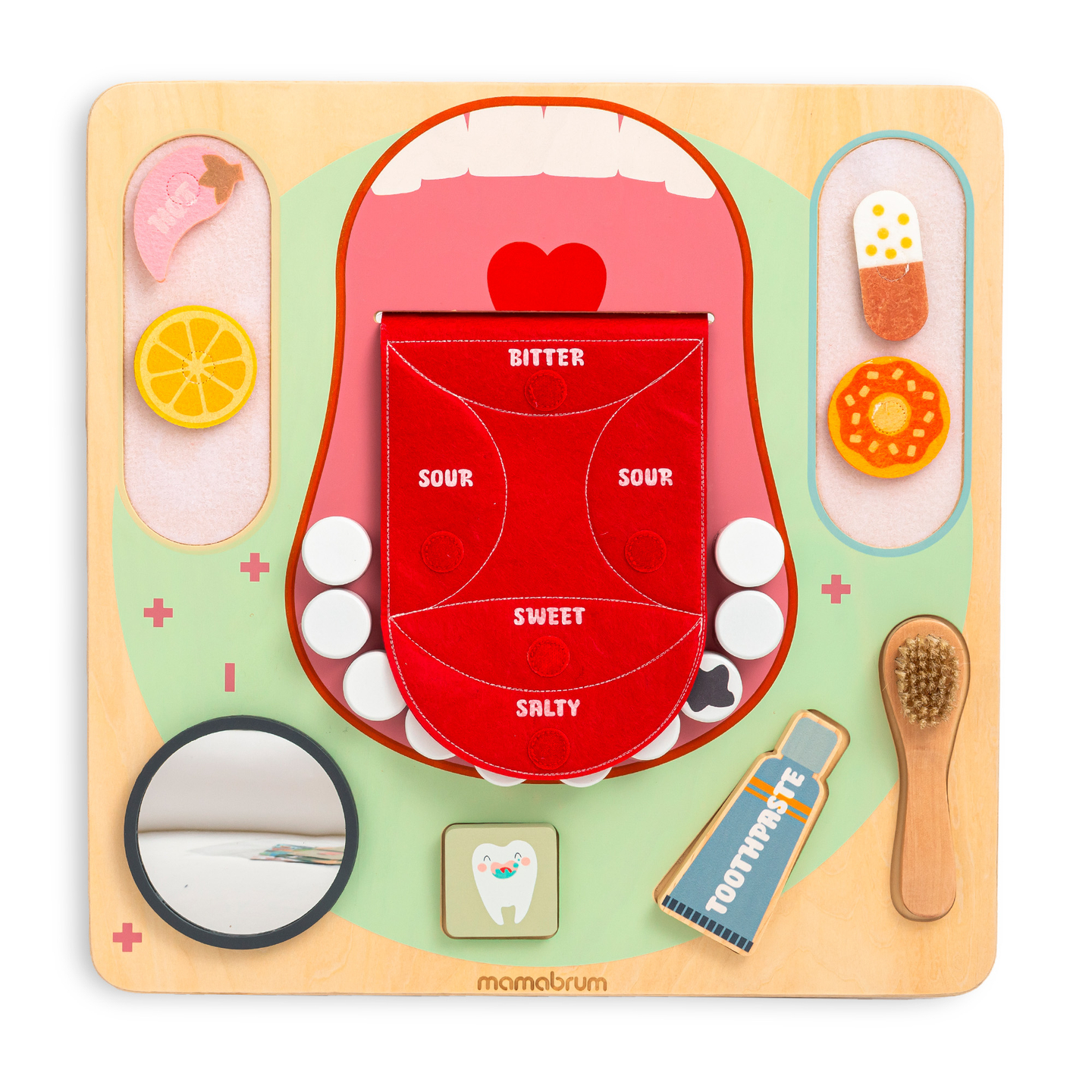 Puinen Montessori-opetuslauta Pieni hammaslääkäri - hammasharja, hammastahna, irrotettavat hampaat, peili, ruoka, makujen oppiminen