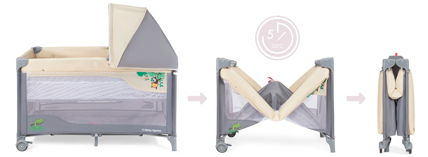 Matkasänky 0 - 36 m hoitopöydällä + Moby-System HUXLEY leikkikehä