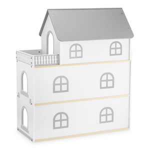 Valkoinen puinen nukkekoti terassilla ja tarvikkeilla