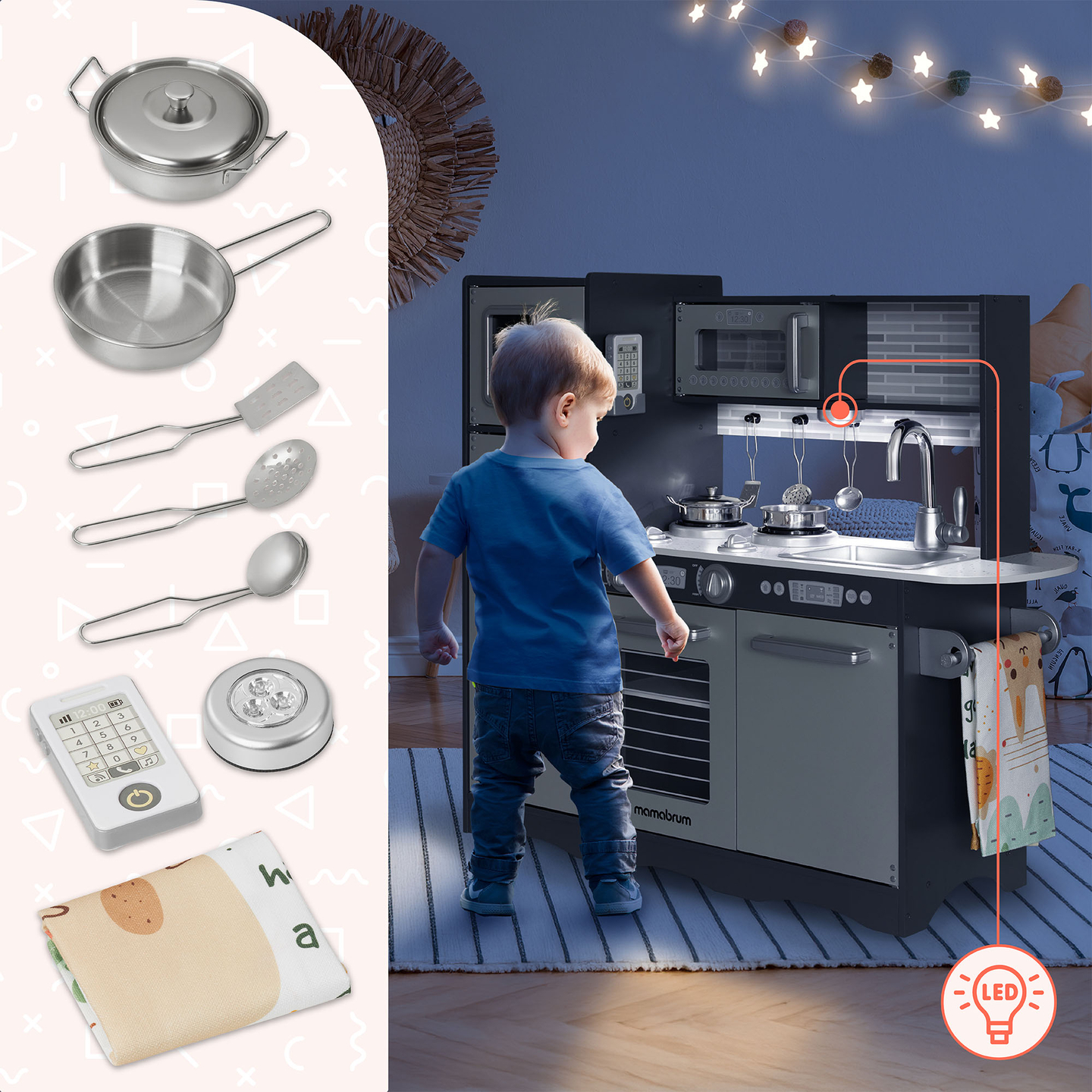 XXL puinen keittiö LED-valaistuksella, esiliina ja lisävarusteet