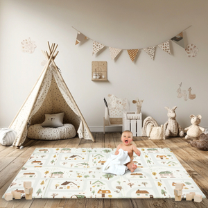 Kaksipuolinen kokoontaitettava vaahtomuovimatto 180 x 120 x 1cm - Charming Town/hiekkapohjainen beige