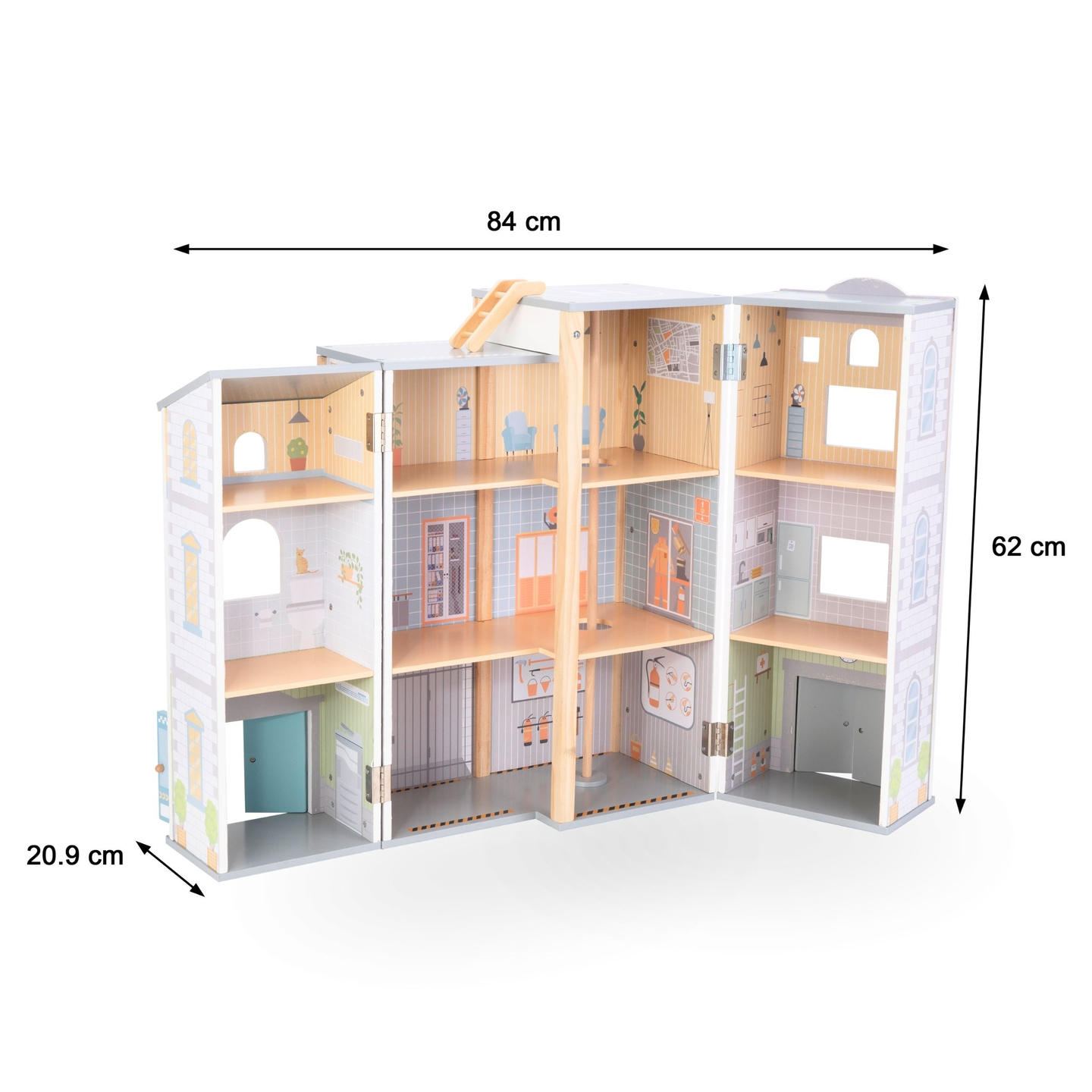 Suuri kokoontaitettava paloasema ja poliisiasema - puinen setti. Paloasema ja poliisiasema tarvikkeineen.