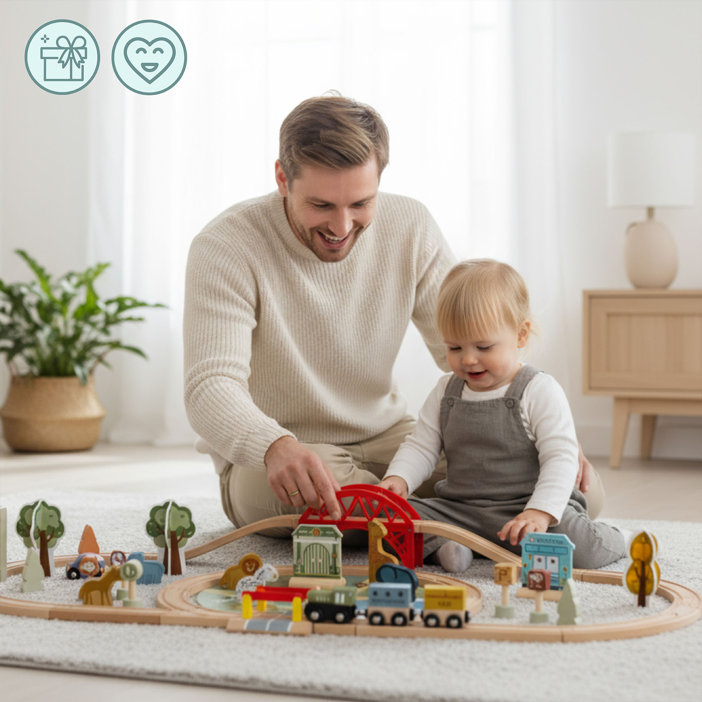 Puinen eläintarhan juna – palapeli, juna, raiteet, eläimet, silta, este