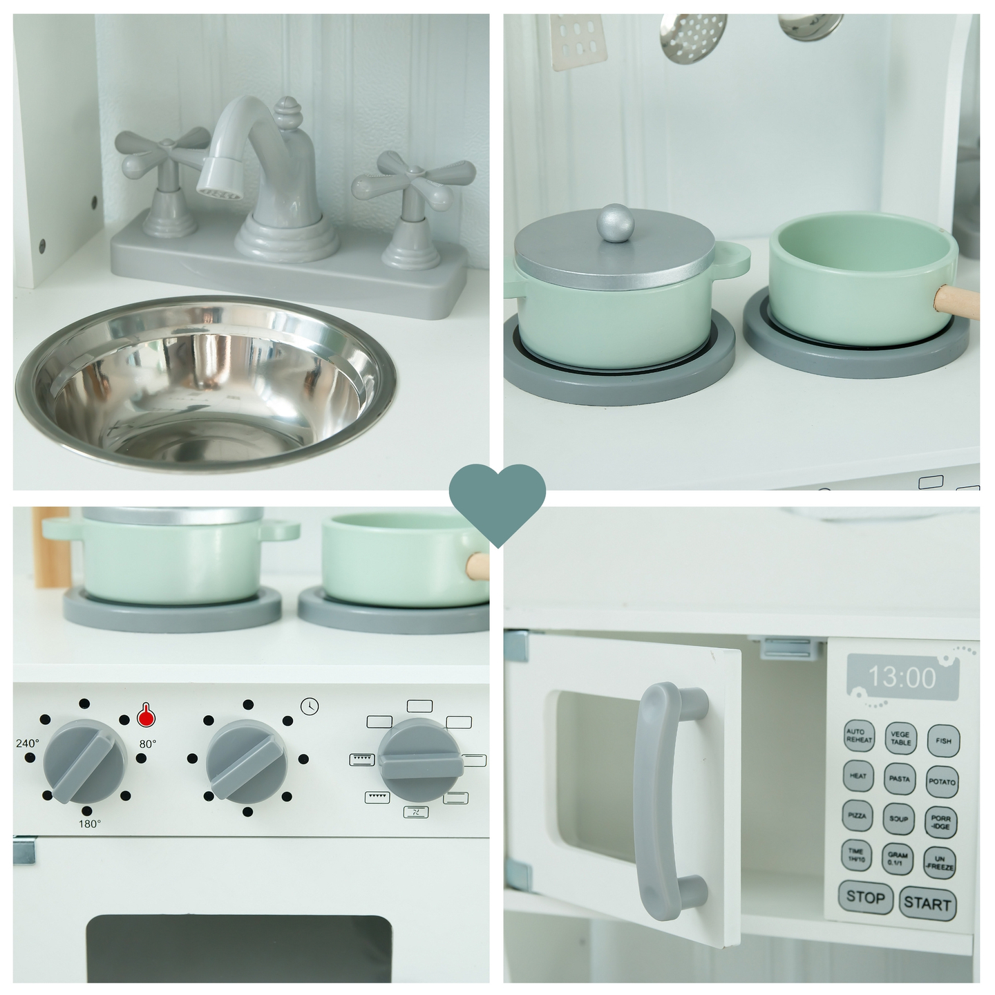 Puinen lasten keittiö, jossa on mikroaaltouuni