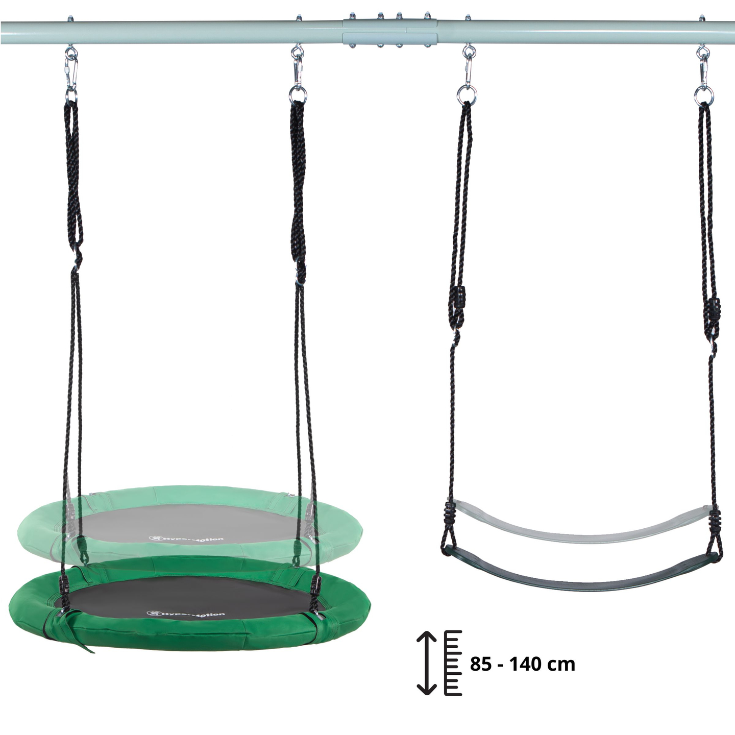 Kaksinkertainen puutarhakeinu rungolla ja köysillä - istuin ja haikarapesä