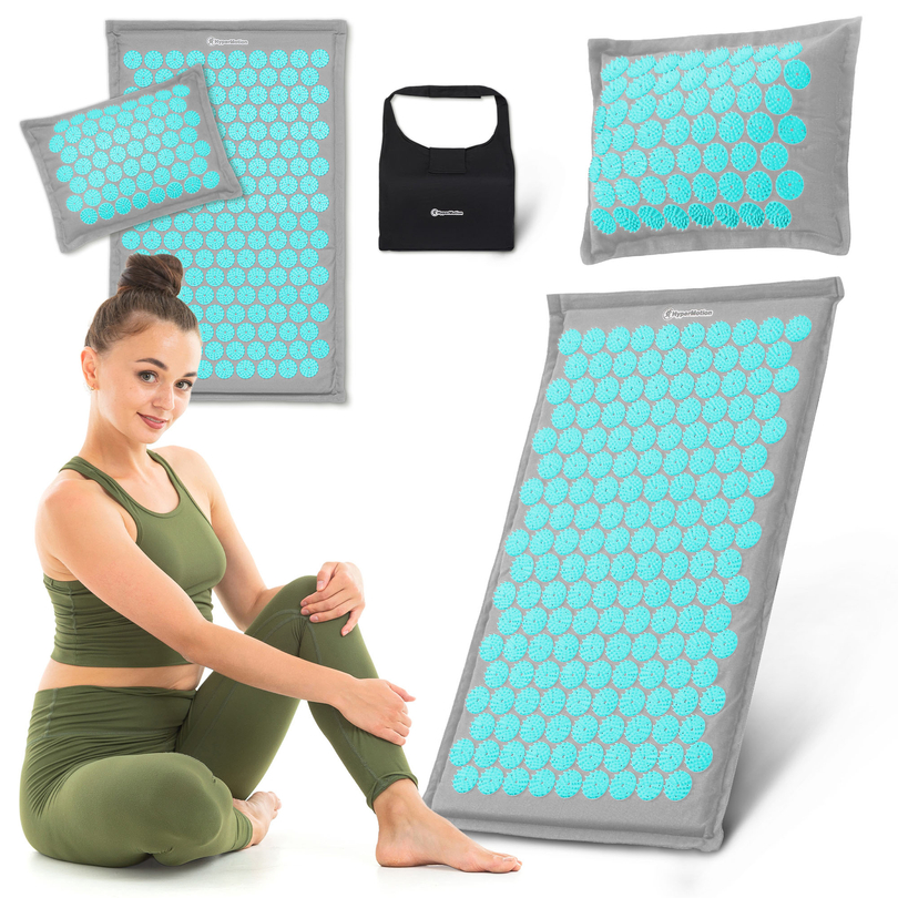 ECO-pellava-akupunktiomatto kookoskuidulla ja tattarityynyllä – 68 cm HyperMotion harmaa-minttu