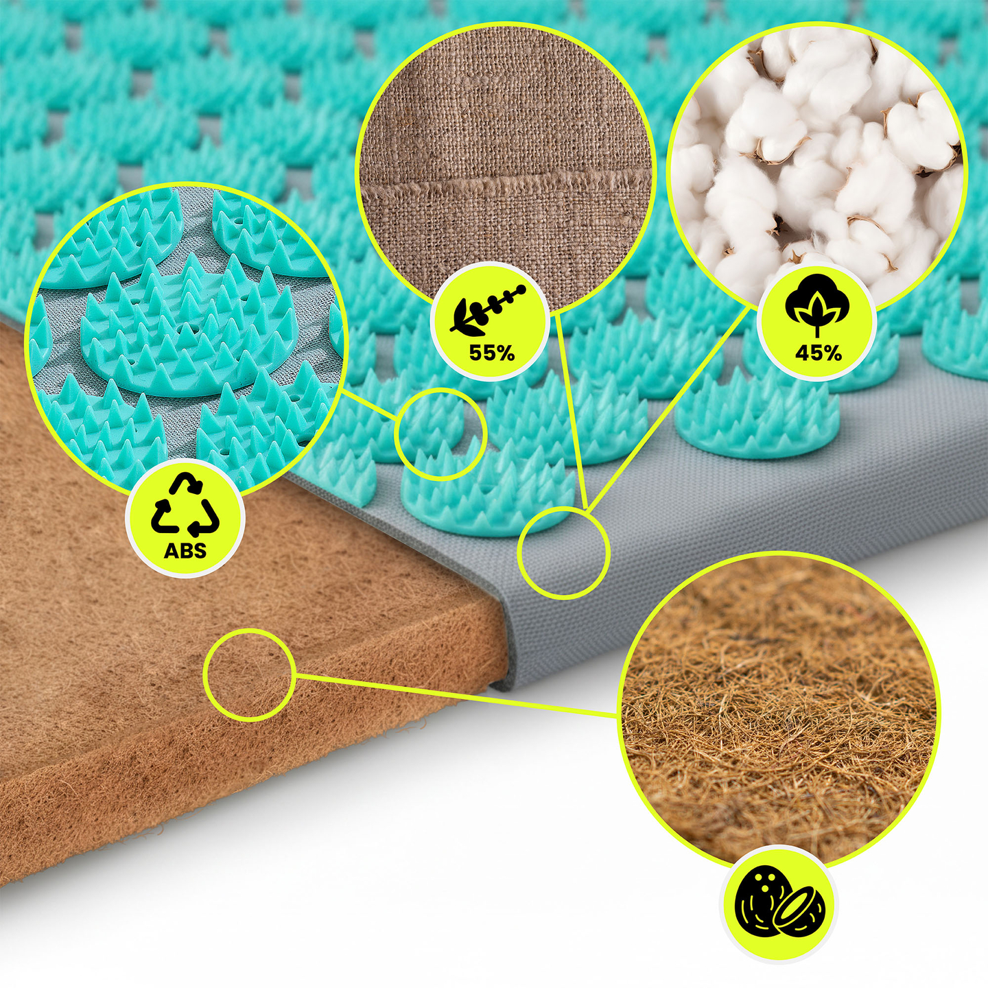 ECO-pellava-akupunktiomatto kookoskuidulla ja tattarityynyllä – 68 cm HyperMotion harmaa-minttu