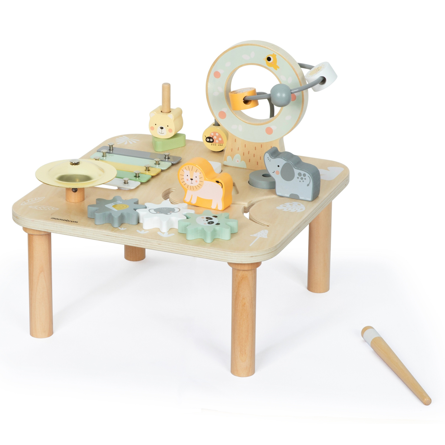 Puinen opettavainen 7-in-1-musiikkipöytä symbaaleilla ja gongilla - villi viidakko
