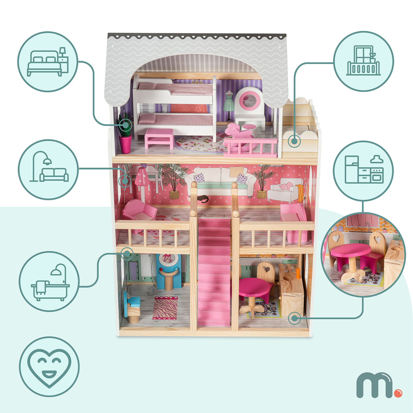 Suuri puinen 3-kerroksinen nukkekoti, jossa on terassi, kalustesarja ja LED-valaistus!