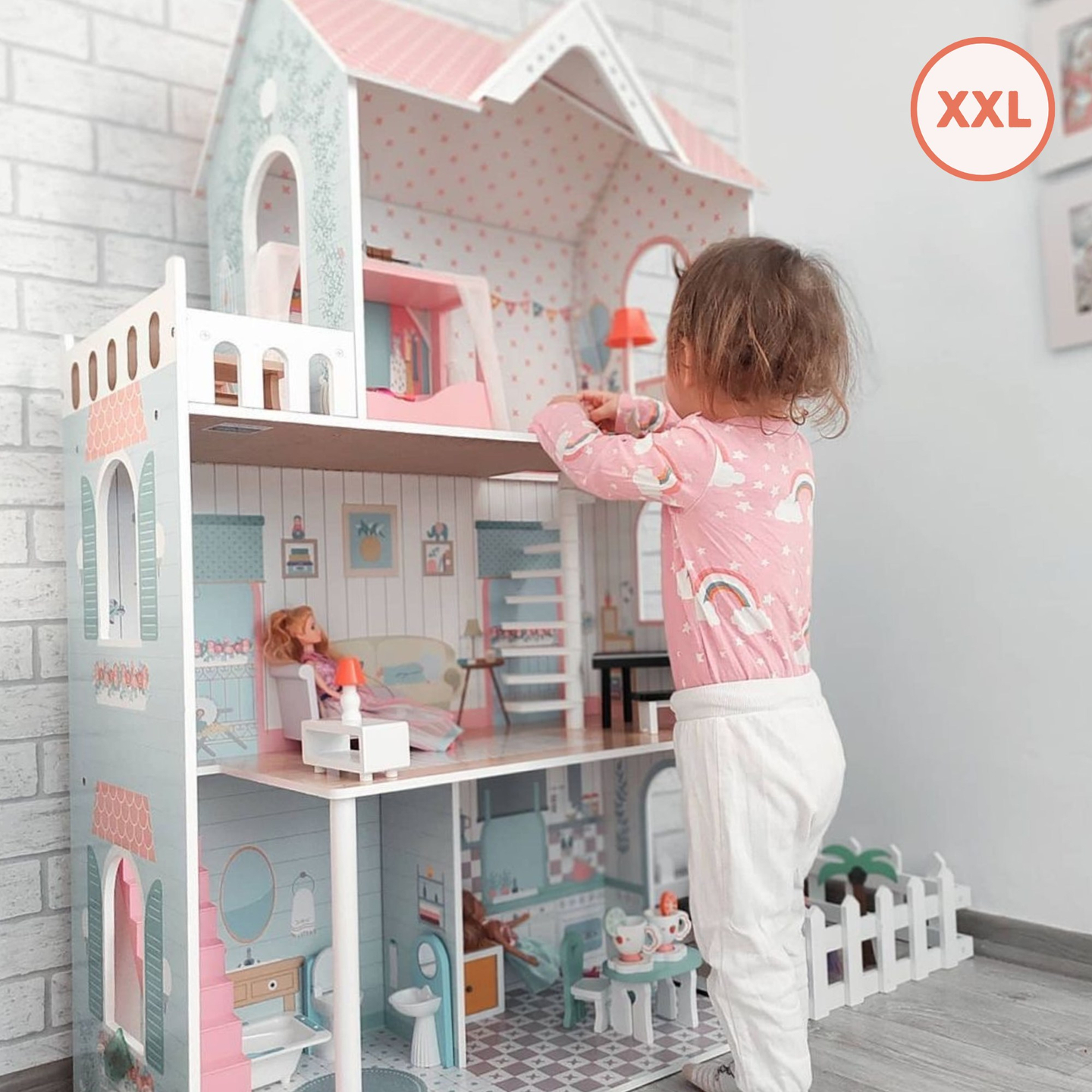 XXL Suurin puinen nukkekoti - 123 cm - LED-valaistu - terassi, tarvikkeet, puutarha