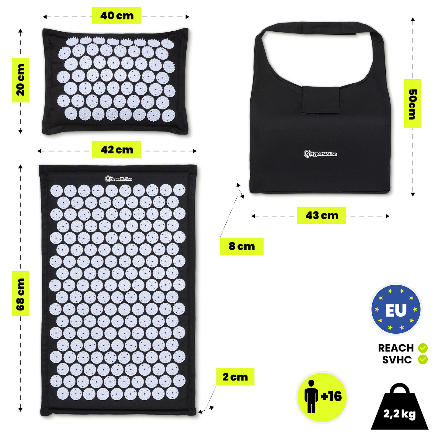 ECO-pellava-akupunktiomatto kookoskuidulla ja tattarityynyllä – 68 cm HyperMotion mustavalkoinen