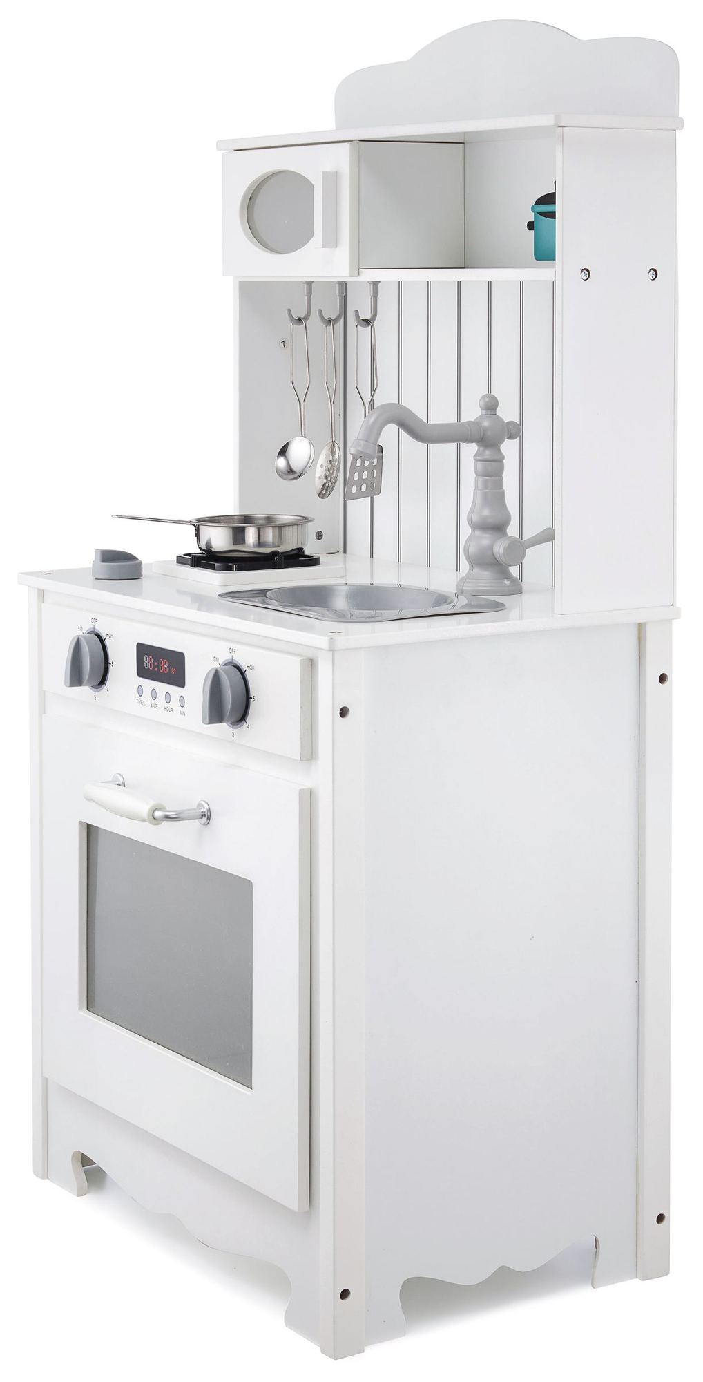 Valkoinen puinen keittiö esiliinalla, tarvikkeilla ja LED-valaisimella varustettuna