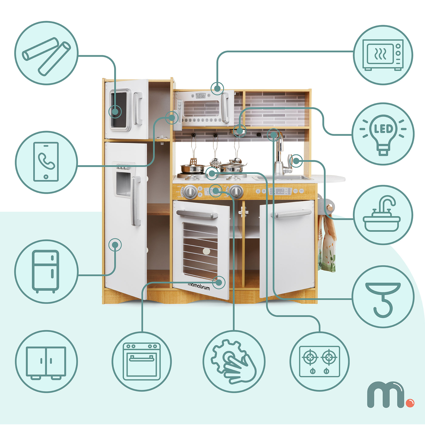 XXL puinen keittiö LED-valaistuksella, esiliina ja lisävarusteet