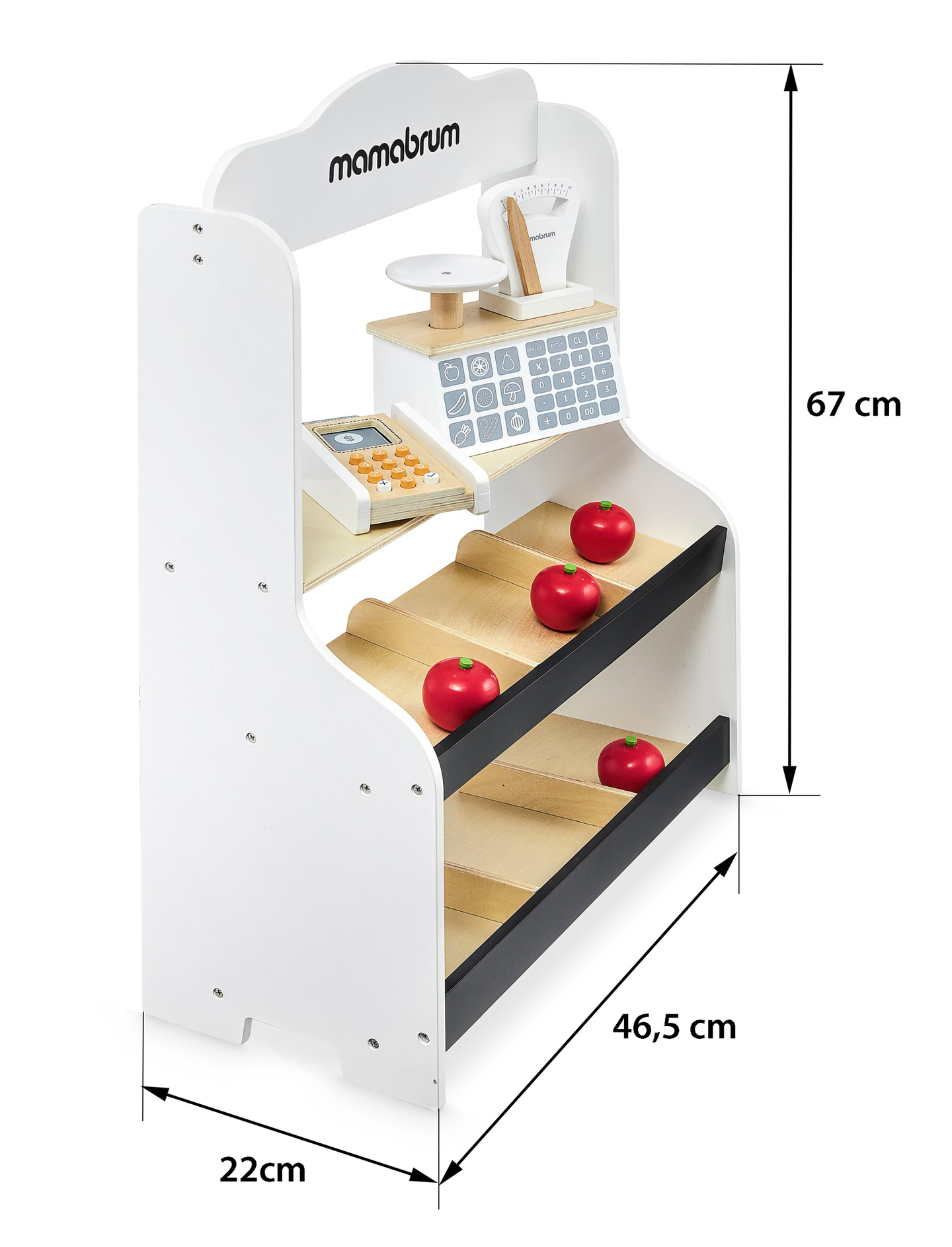 Minimarketti - kauppa, jossa on vaaka, terminaali, maksukortti ja hedelmiä