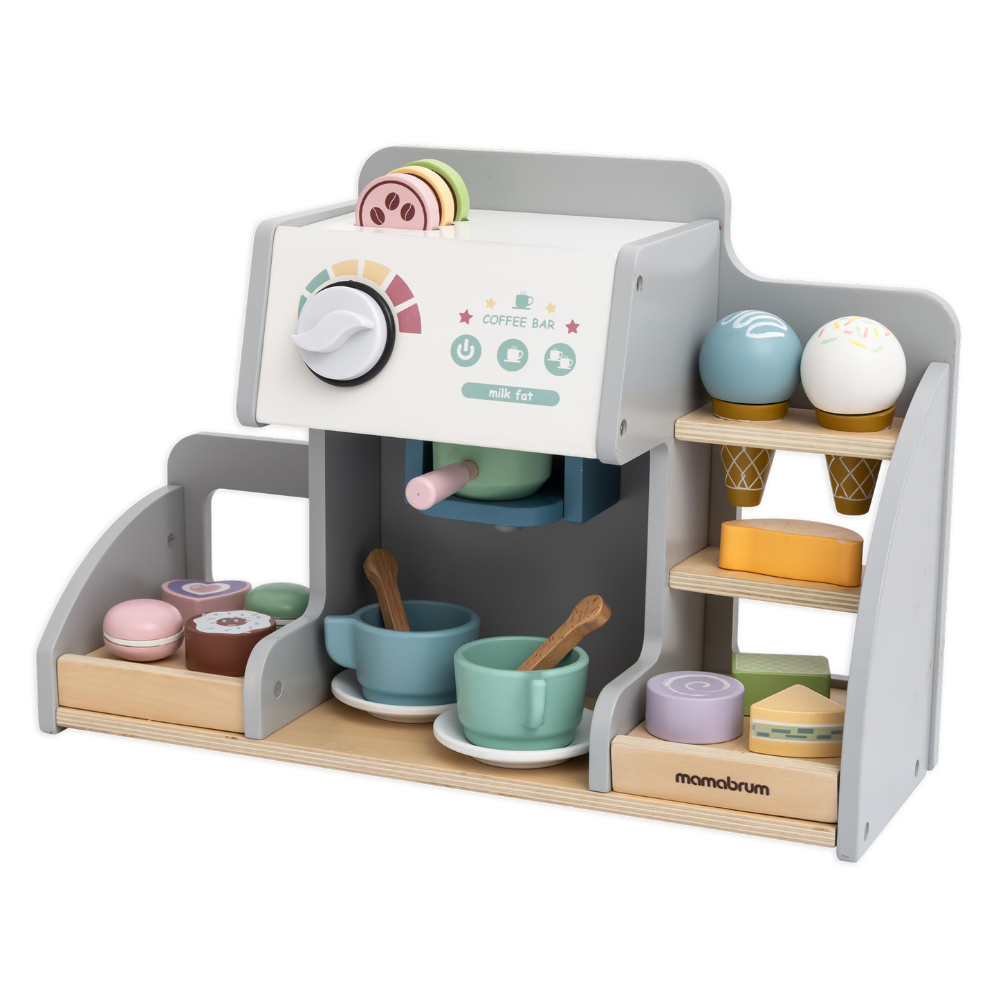 Suuri puinen jäätelöbaari, jossa on magneettitaulu, kahvinkeitin sekä jäätelö- ja jälkiruokasetti - yli 70 palaa!