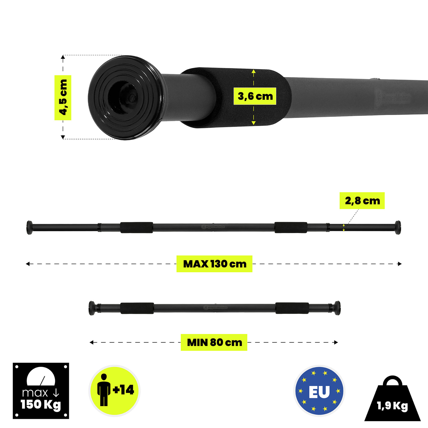 HyperMotion säädettävä leuanvetotanko 80-130 cm, 150 kg, musta