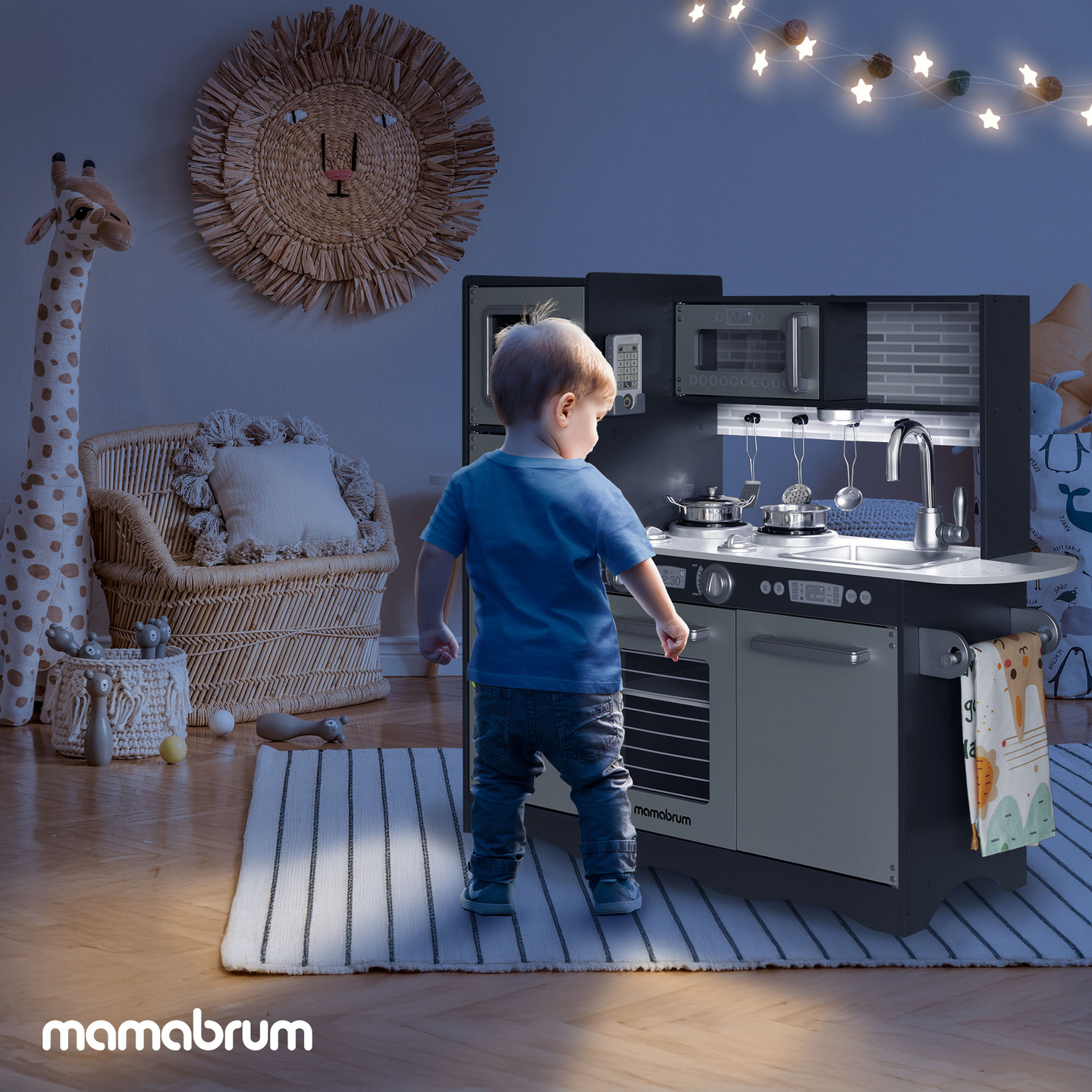 XXL puinen keittiö LED-valaistuksella, esiliina ja lisävarusteet