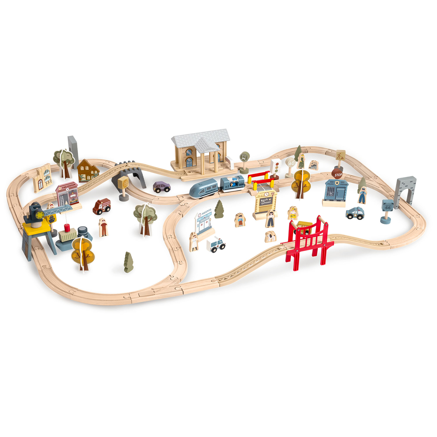 Puinen kaupungin rautatie sähköjunalla - liikkuva nosturi, laiva, sillat