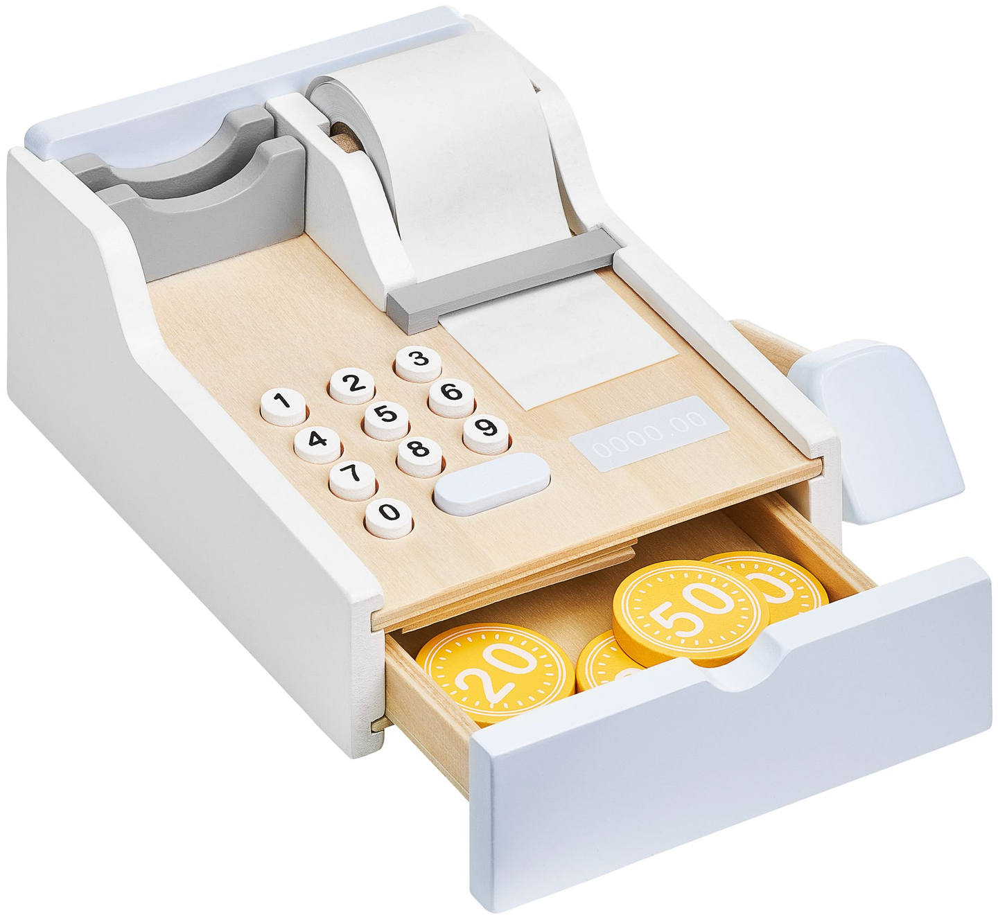 Vihanneskauppa - puinen koju, jossa on laatikoita, kassakone ja terminaali